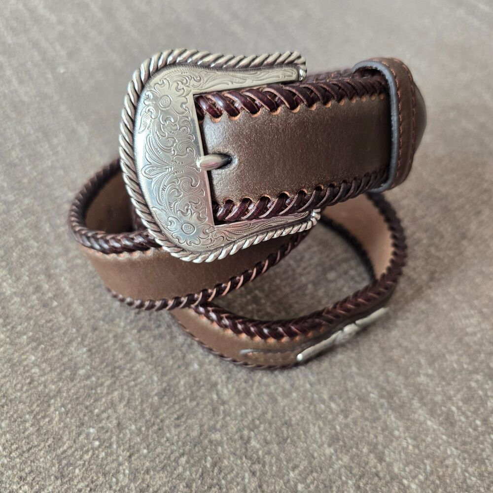 Nocona Brown Braided Edge Leather Western Belt Engraved Buckle Size 38 Cowboy